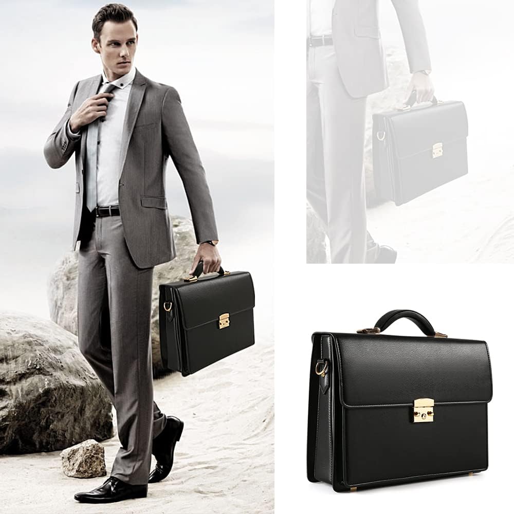 Briefcases for Men Business Mens Leather Briefcase Locking Black Laptop Messenger Bag Lawyer Hard Case