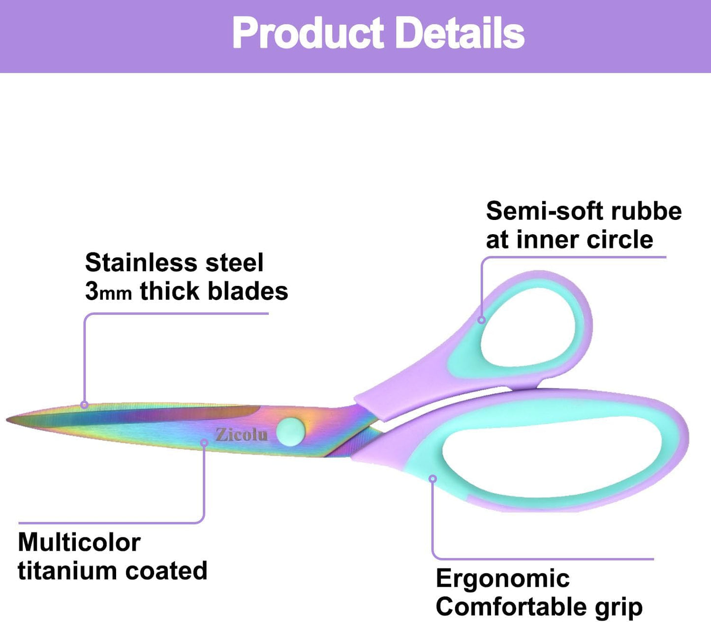 Craft Scissors Set of 3 pack, Sharp Rainbow Titanium Coating All Purpose Scissors, Ergonomic Semi-Soft Rubber Grip, Suitable for School, Office and Household Use, 9.2''/8.5''/5.6"
