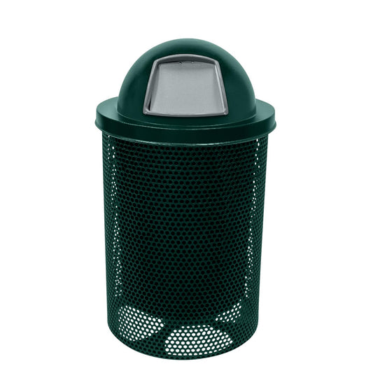 Coated Outdoor Furniture 32-Gallon Heavy-Duty Punched Steel Round Trash Receptacle, Commercial Outdoor Waste Bin with Liner & Dome Lid – Made in America (Textured Dark Green)