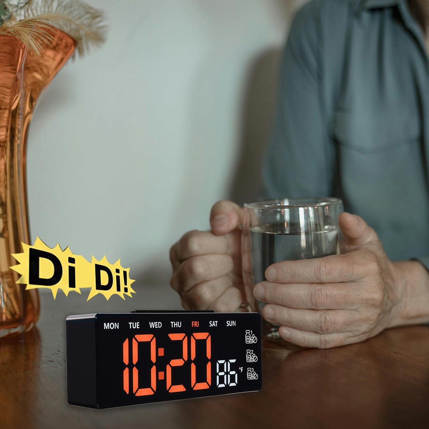 8 Inch LED Digital Desk Clock with Medication Reminders – Large Display with Time, Date, Day, Temperature, Triple Pill Alerts, Dual Alarm, Silent Clock for Home and Office,Orange