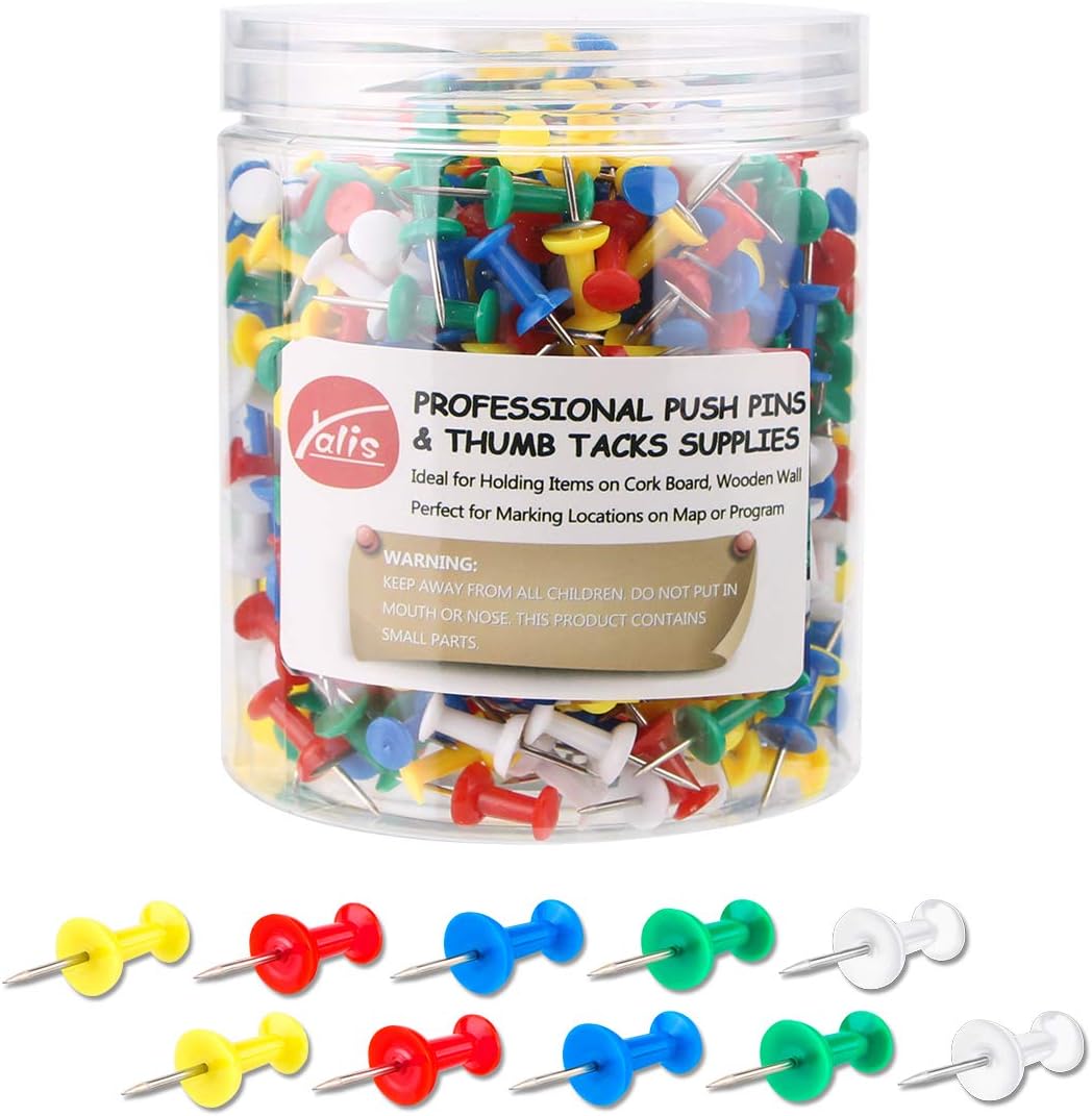 Yalis Push Pins 600 Count, Standard Multicolored Thumb Tacks Steel Point and Colors Plastic Head