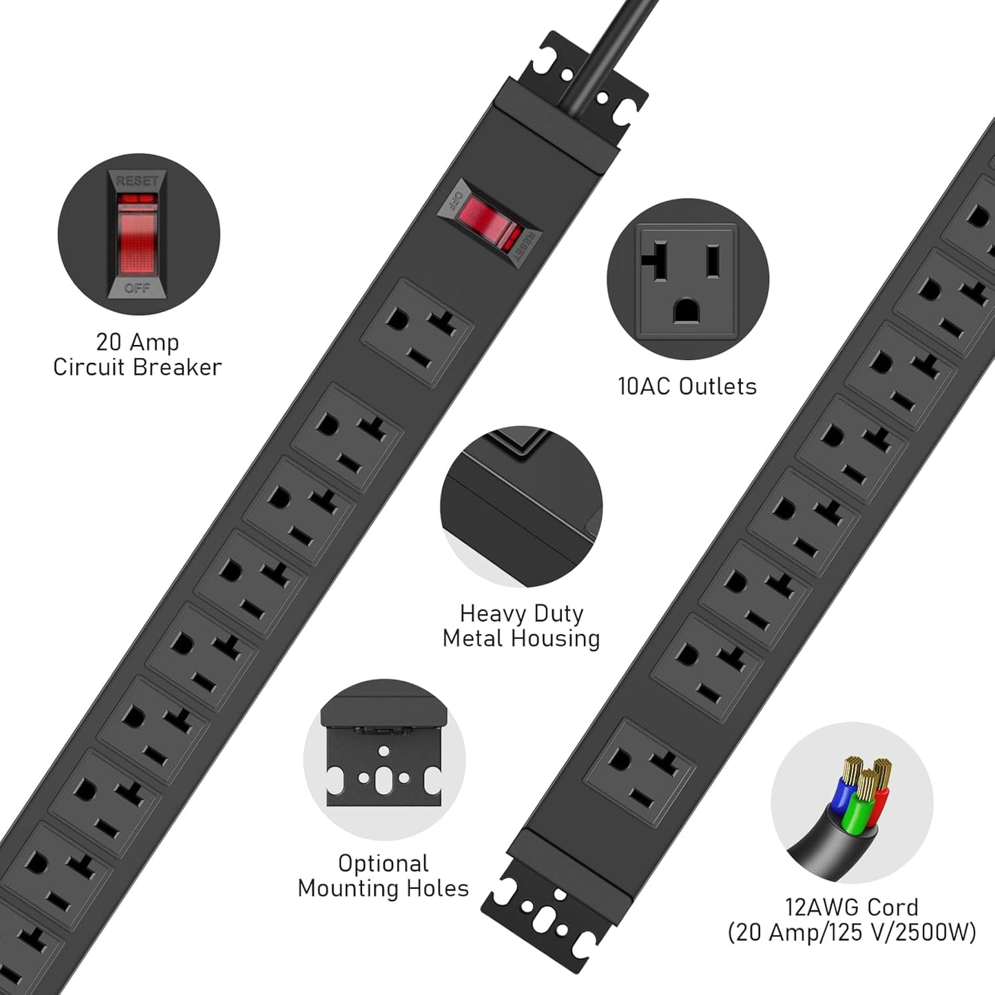 JUNNUJ Multi Angle Mount 10 Outlet 20 Amp Power Strip Heavy Duty, 2700J Surge Protector Under Desk with Switch 20A, Garage Workbench Gaming Outlet Table Wall Mountable, 10FT 12AWG Extension Cord