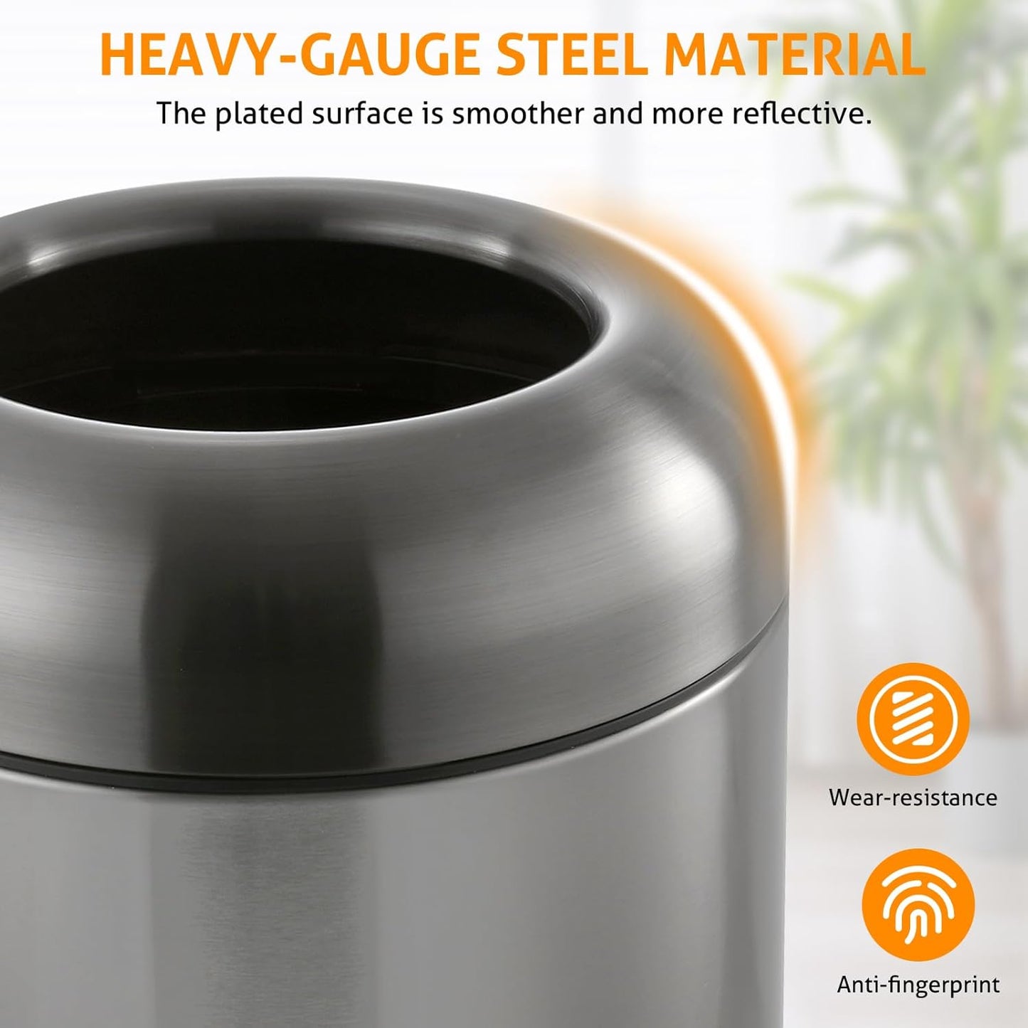 WICHEMI 16 Gallon Commercial Large Trash Can, Bullet Outdoor Trash Bin with Open Top Lid, Brushed Stainless Steel Garbage Can, Black