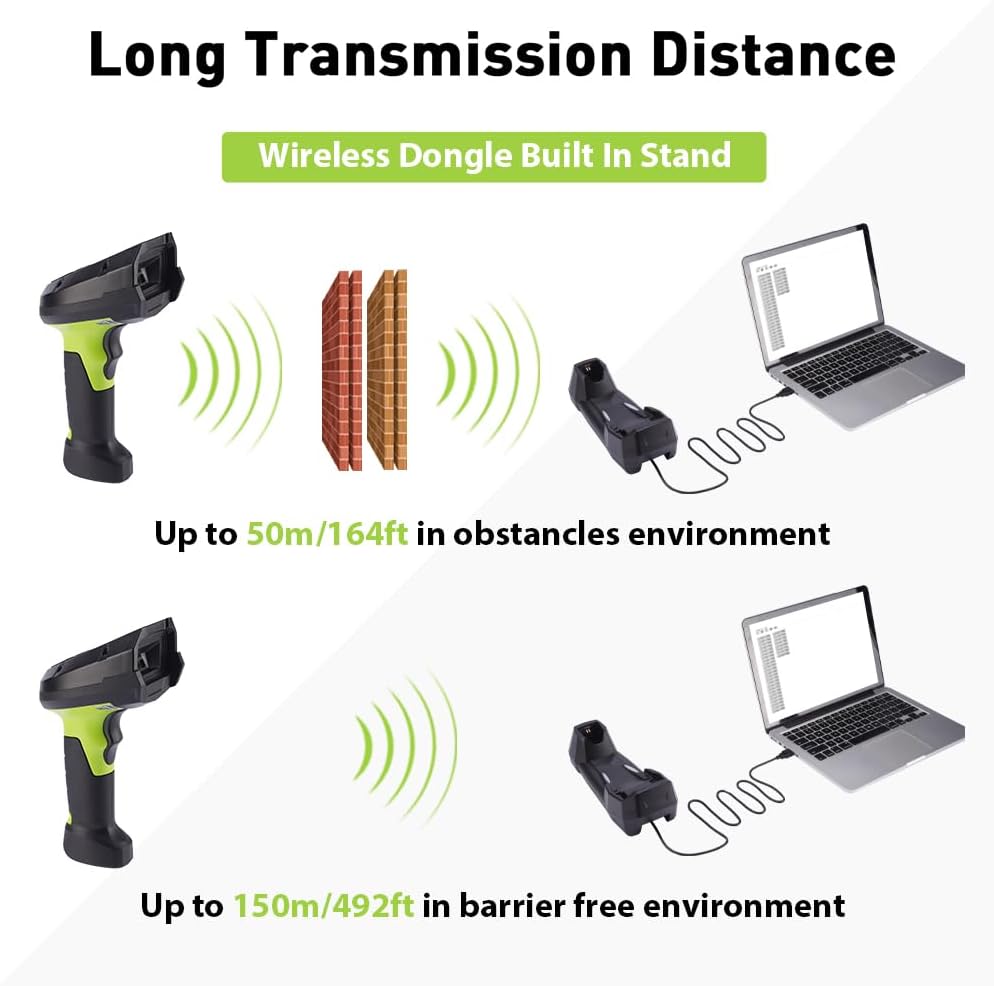 2D Wireless Barcode Scanner, Portable Inventory Scanner & Data Collector with 2.0 Inch LCD Screen and 2.4G Wireless Dongle Built in Stand for Warehouse, Express, Library,Pharmacy,Supermarket
