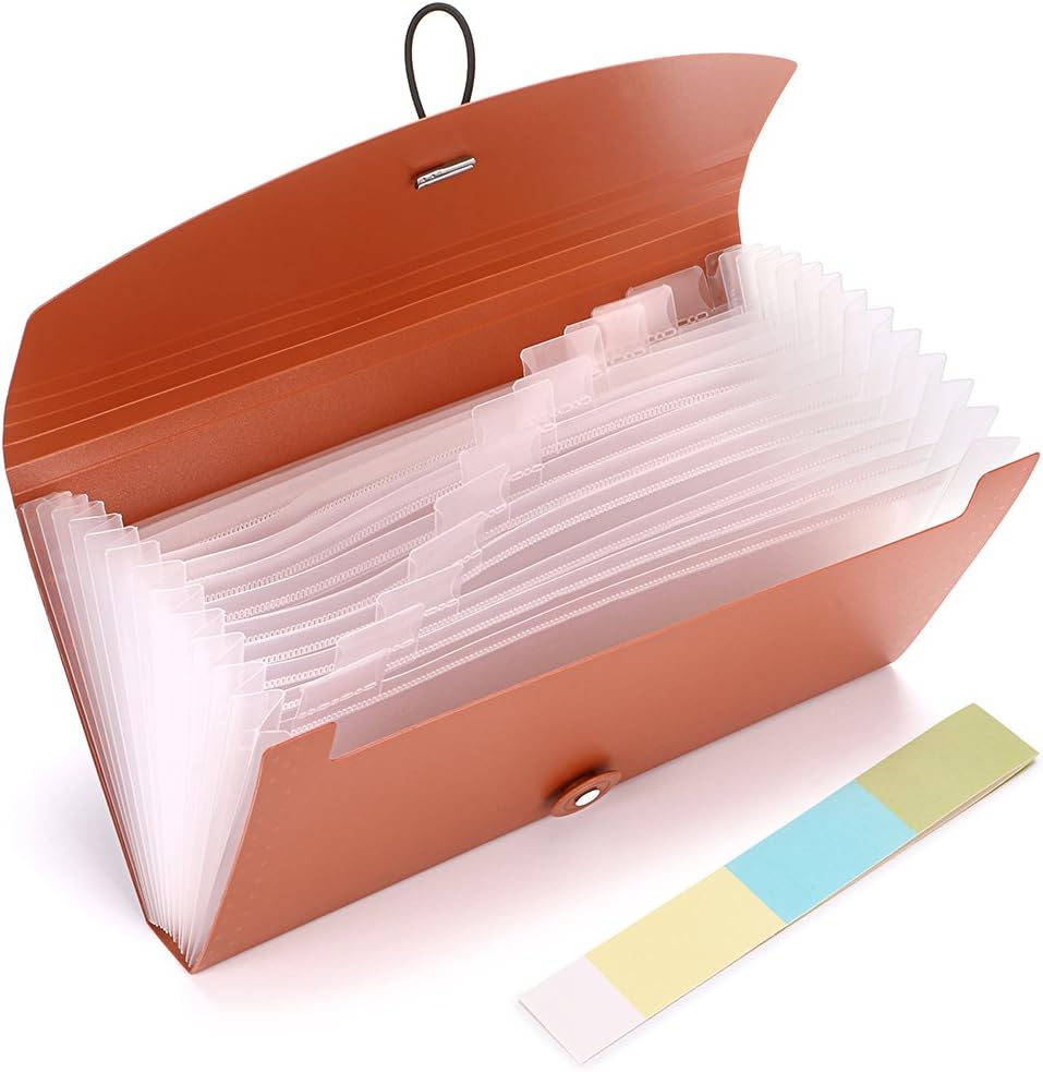 BTSKY Expanding File Folder -13 Pockets Small Accordion File Folder Expandable Card Ticket Holder File Storage Folder Check Bill File Folder Plastic Business Document Organizer Wallet Case, Brown