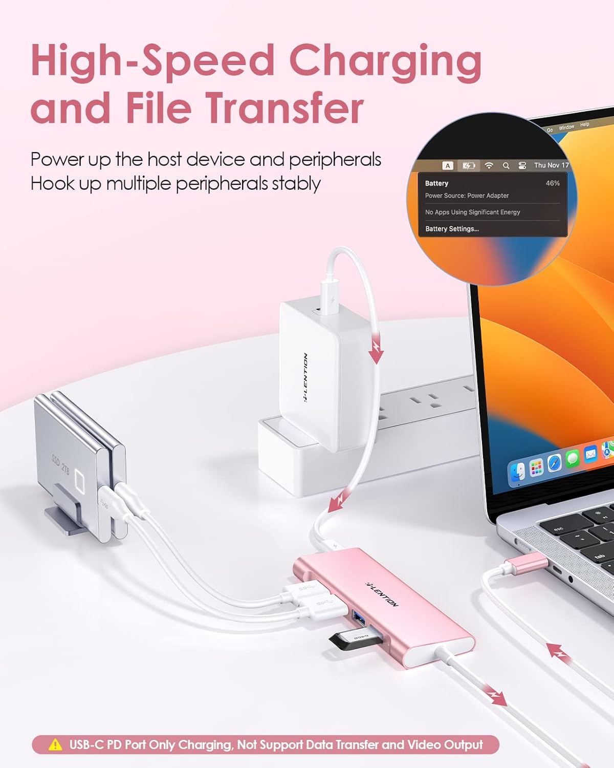 LENTION 3.3FT Long Cable USB C Multiport Hub with 4K HDMI, 4 USB 3.0, Type C Charging Compatible 2023-2016 MacBook Pro, New Mac Air/iMac/Mac Mini, More, Stable Driver Adapter (C35-1M, Rose Gold)