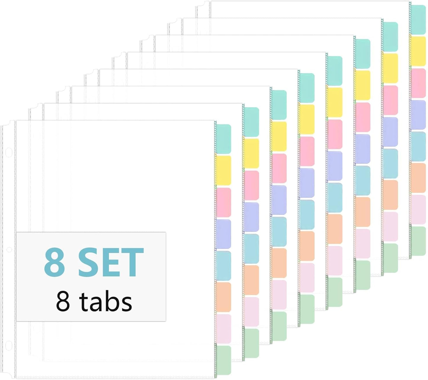 8 Set of 64 Pack Clear Binder Sheet Protectors for 3 Ring Binder Plastic Page Protector with 8 Tabs,Insertable Index Page Divider 8.5x11 Inch(Colorful)