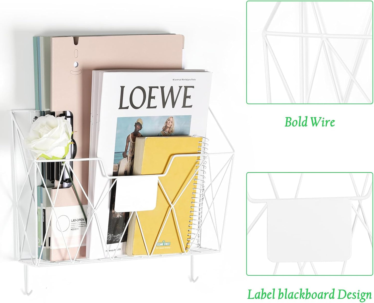 Wall File Holder 6 Pockets Hanging Wall File Organizer, for Papers, Files Clipboard & Magazine Organizer, Wall Mount File Holder Rack for Office Home, White