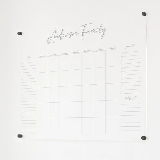 Personalized Clear Acrylic Calendar for Wall, Calendar Whiteboard for Wall, Dry Erase Wall Calendar, Wall Calendar Organizer System for Home (Cursive, Grey, 38"W x 26"H)