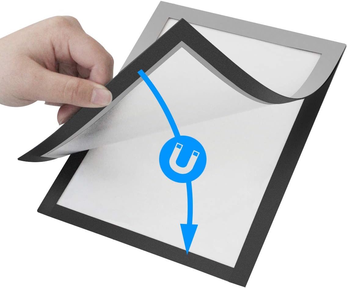 Document Sign Holder Pockets with Magnetic Back, Plastic Poster Picture Notice Display Frame for Fridge/Whiteboard/Chalkboard/Cabinet, 8.3 x 11.7 Inch, Silver, 2 Pcs