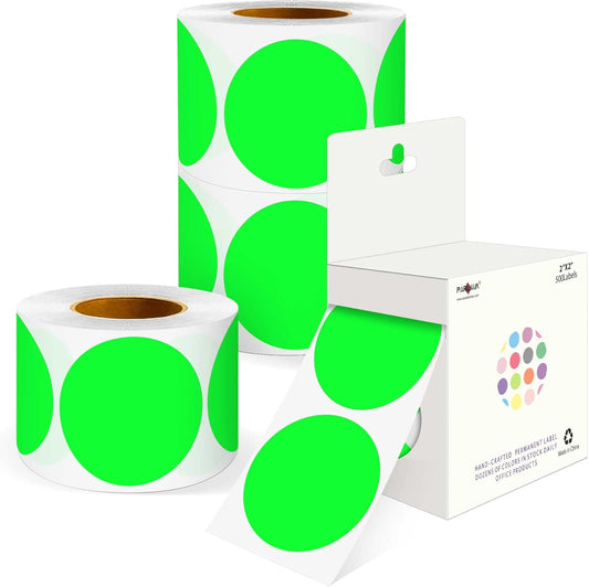 PARLAIM 2 inch Round Color-Code Dot Sticker Labels, 4 Rolls 2000 Adhesive Label Pack in Dispenser Box, Fluorescent Green