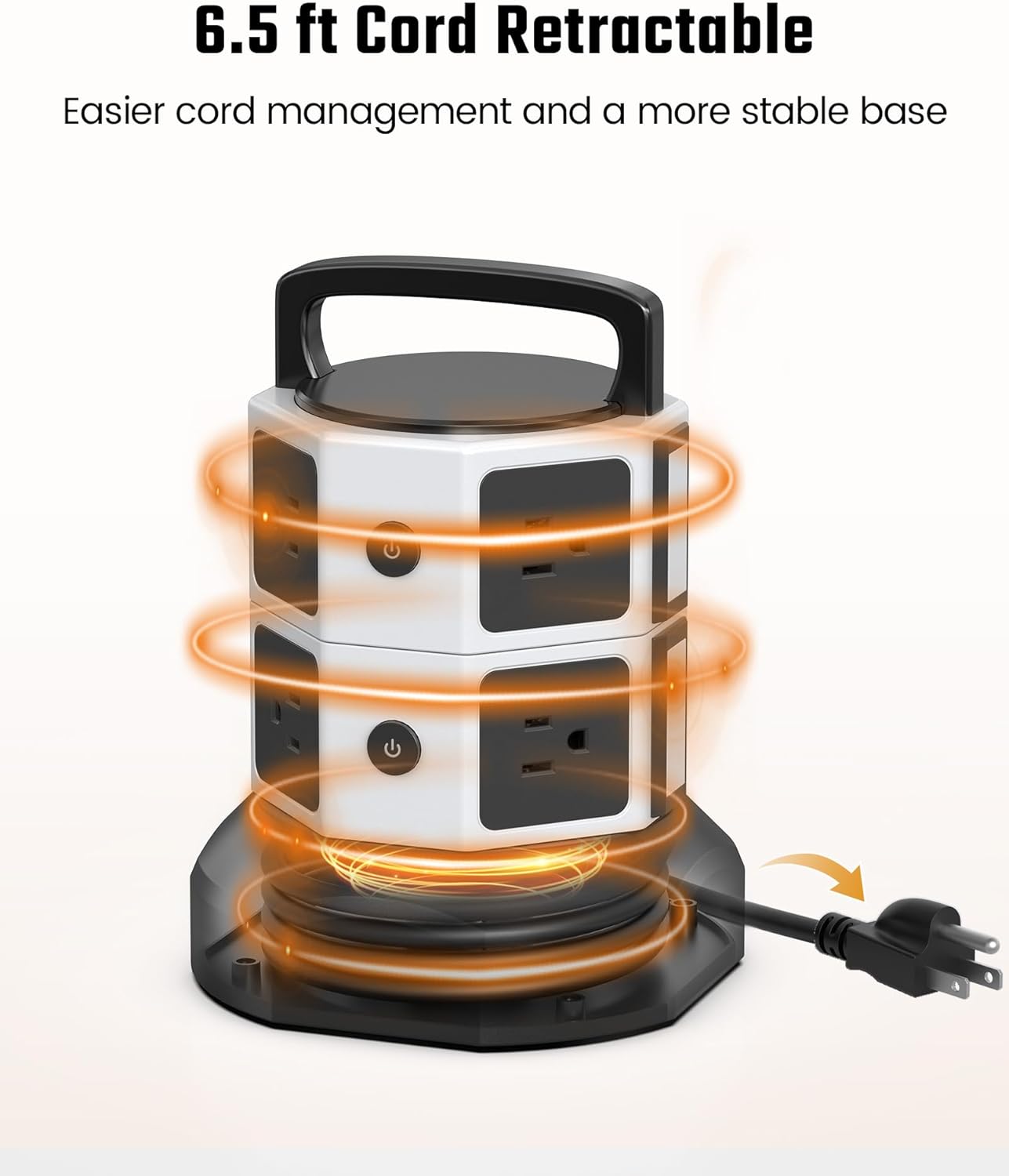 Tower Surge Protector Power Strip, JACKYLED Extension Cord with Multiple Outlets, 8 Outlets 4 USB Ports(2 USB C) 1625W/13A Retractable Cord Charging Station with 1050J Protection, Home Office Supplies