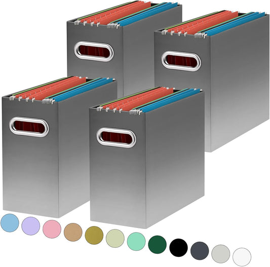 Oterri File Organizer, 4 Packs Small Storage Box, Cardboard File Folder Organizer, Collapsible File Box for Hanging File Folders Letter Size, Filing Organizer with Handle (Gradient Light gray)