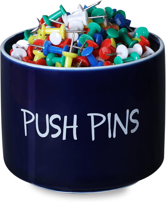 Ceramic Push Pins Holder, Paper Clips Dispenser Organizer for Desk and Binder Clips Holders Container for Office School Home Supplies 3.4Inch, Navy