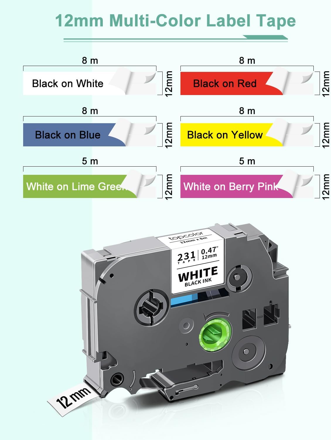 6-Pack 12mm 0.47" Multi-Color Label Tape Compatible for Brother Tze431 Tze531 Tze631 Tze MQG35 MQP35 P Touch Tze Tz Tape 12mm 0.47" Laminated White for PTH110 PTD220 PTD210 PTD400 PTD610BT