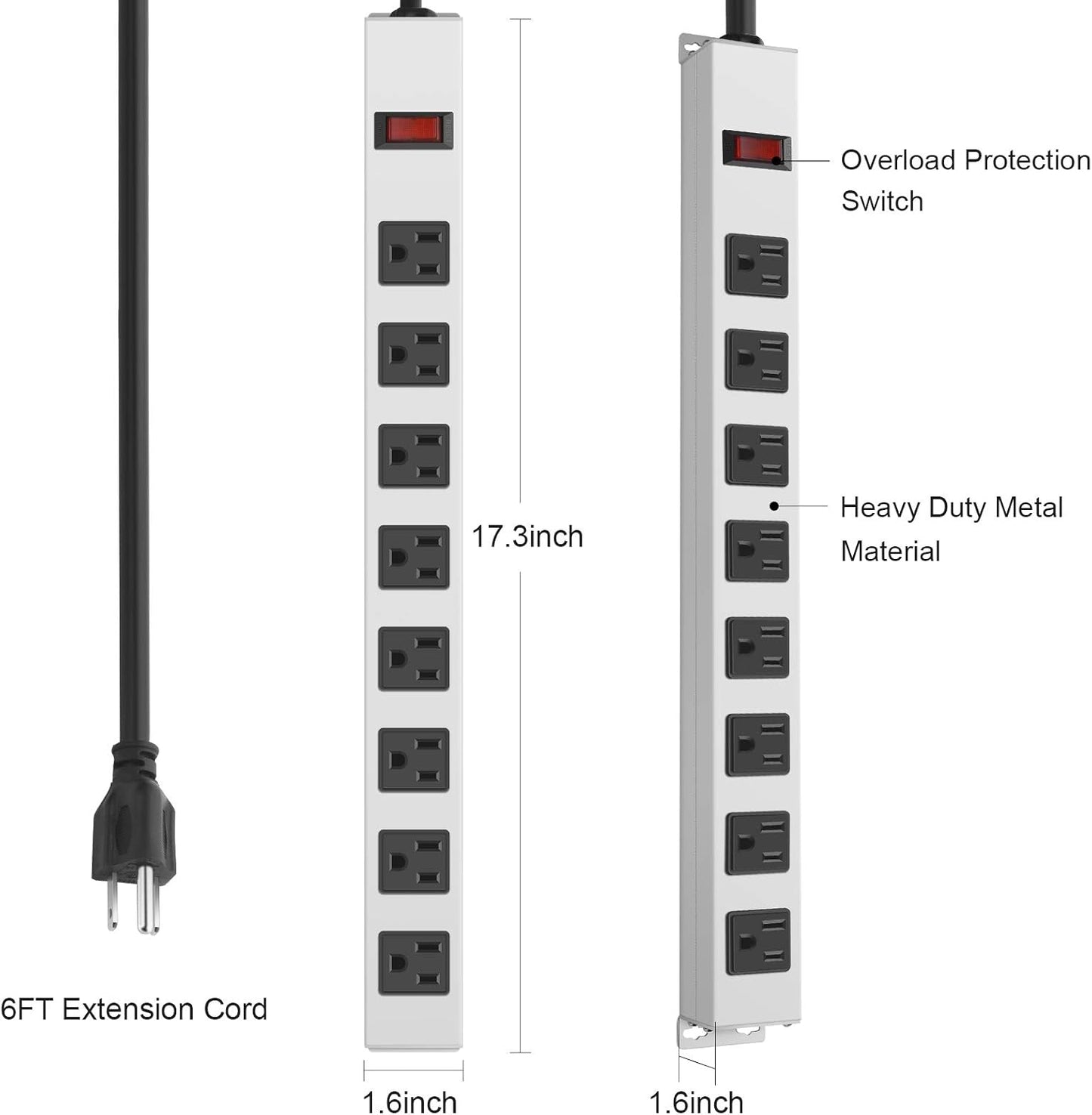 JUNNUJ Metal 8 Outlet Power Strip, Mountable Heavy Duty Power Strip, 1200J Surge Protector Wall Mount Screws Outlet with Switch, Gaming Desk Strips Wide Spaced 15A 125V 1875W, 6 FT 14AWG Power Cord