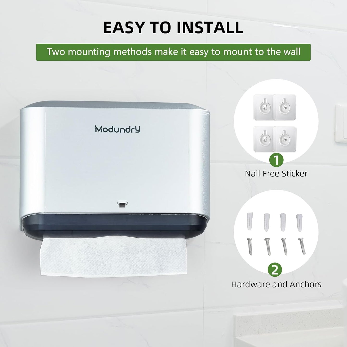 Wall Mount Paper Towel Dispensers: Adhesive No Drilling or Screws Install - Multifold/C/Z/Single fold Tissue Dispenser with Smart Lock, Hand Towel Holder for Bathroom, Restroom, Office, Home (Sliver)