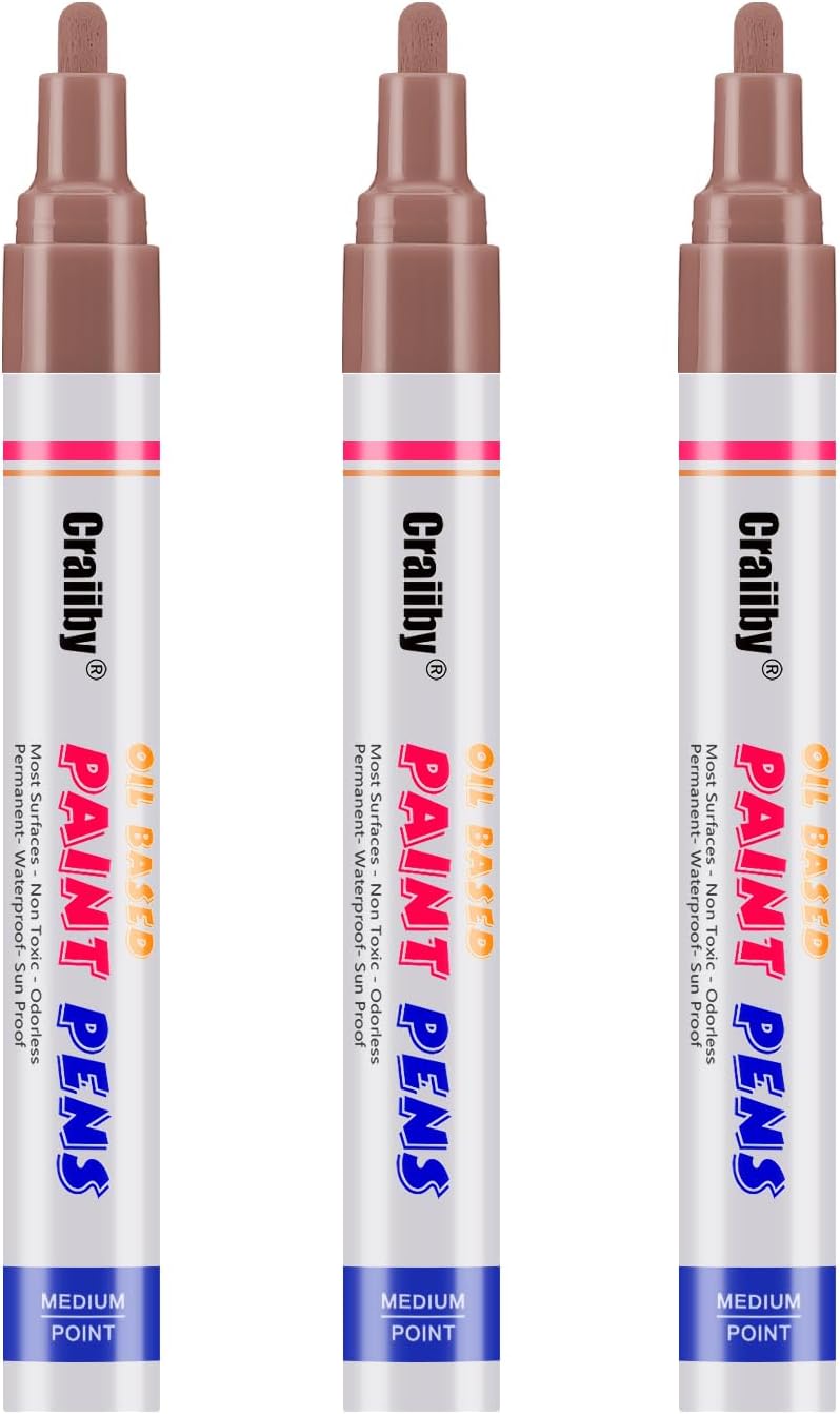 Brown Paint Markers, 3 Pack Oil-Based Waterproof Quick Dry Permanent Paint Pen Set for Rocks Painting, Wood, Fabric, Plastic, Canvas, Glass, Mugs, Metal, Tire, Stone, DIY Craft