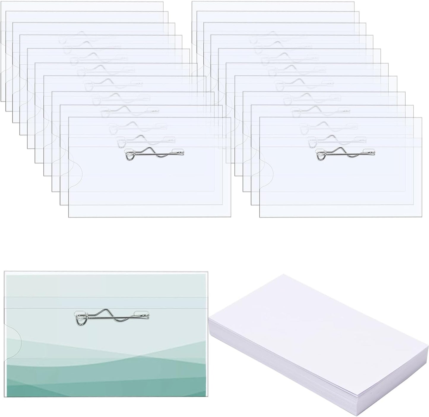 Anjmd 50 Pieces Pin Style Name Badge Holders Name Tags with Pins Clear Plastic Name Tag Holder Name Badge Holders with 50 Pcs Inserts Fit Card (3.58x2.16 inch)