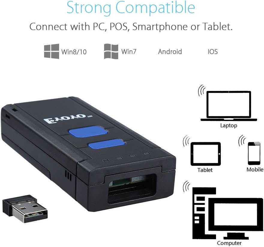 Eyoyo Mini 1D Wireless Barcode Scanner Bluetooth,3-in-1 Bluetooth&2.4G Wireless&Wired Connection, Portable Inventory Bar Code Reader Compatible with iPhone, Android, Windows, Mac Tablets or Computers
