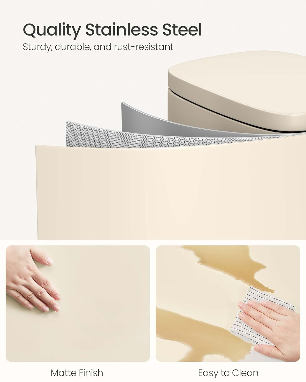 SONGMICS Trash Can with Lid, 8 Gallon Garbage Can, Stainless Steel Small Waste Bin with Step Pedal and Inner Bucket, Soft Close, Kitchen, Sand Beige ULTB003A01