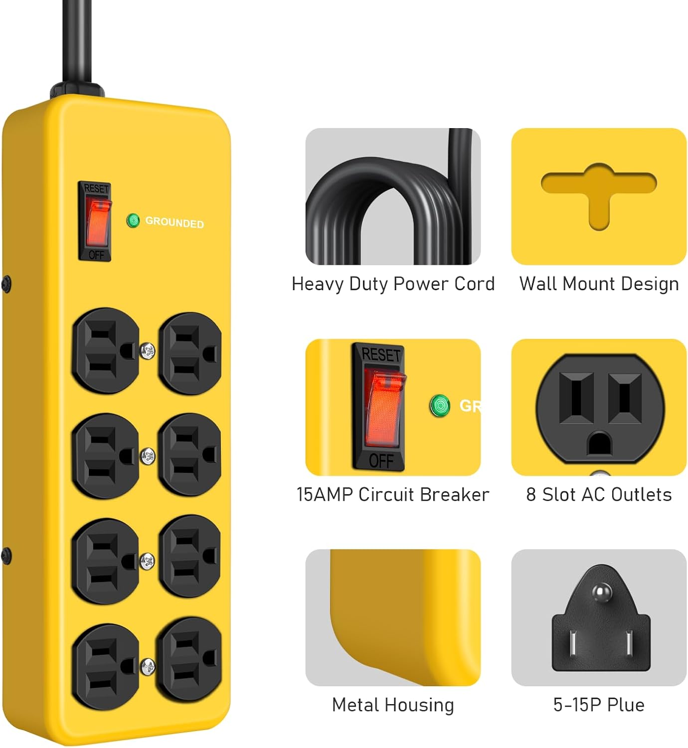 Wall Mount Power Strip,8 Outlet Heavy Duty Power Strip with 2700 Joules Surge,15Amp Metal Mountable Surge Protector for Home,Office,Garage & Workshop,14AWG Extension Cord