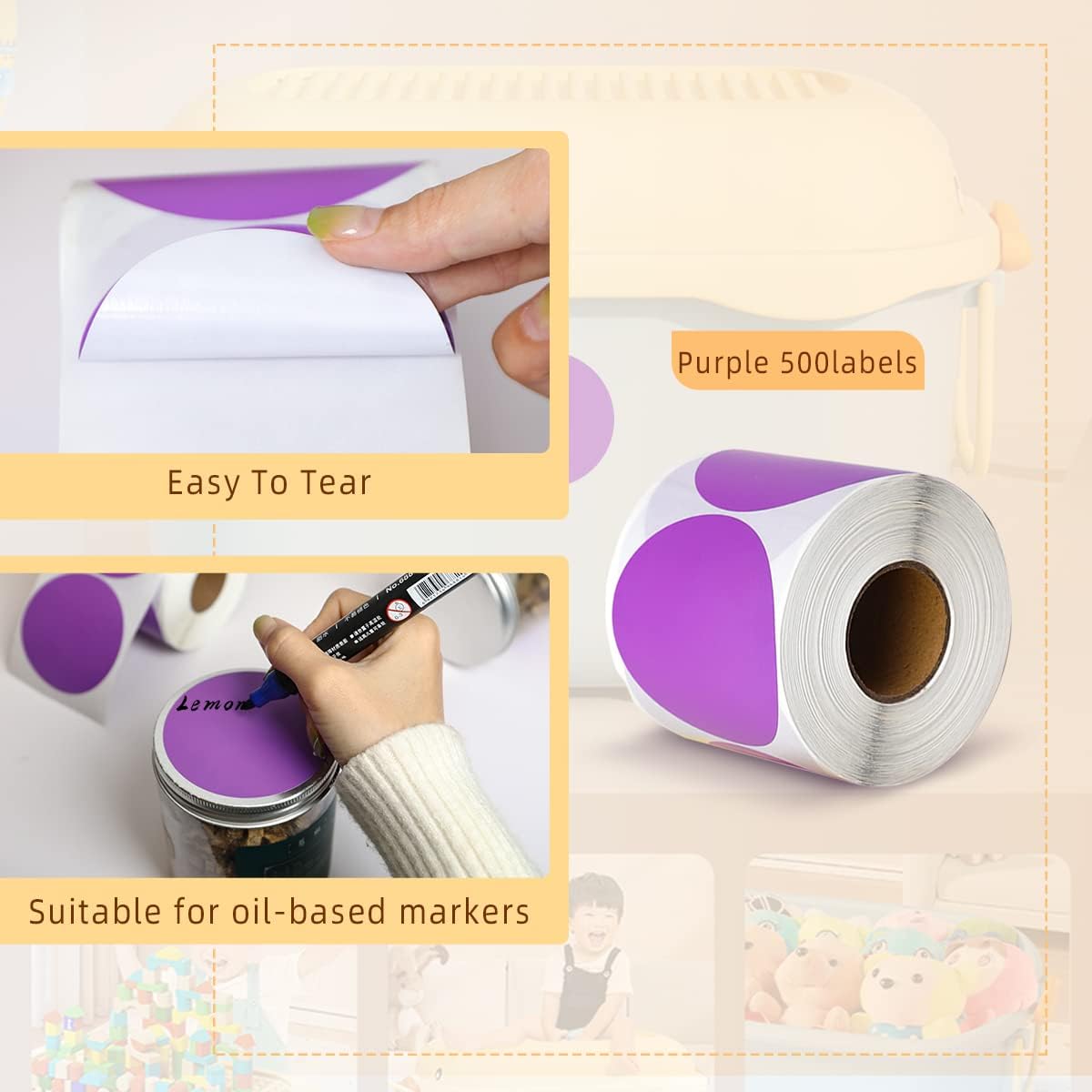 PARLAIM 3 X 3 inch Permanent Color Code Dot Stickers, 500pcs 3" Round Color Coding Circle Labels per Roll in Dispenser Box for Inventory Box, Purple