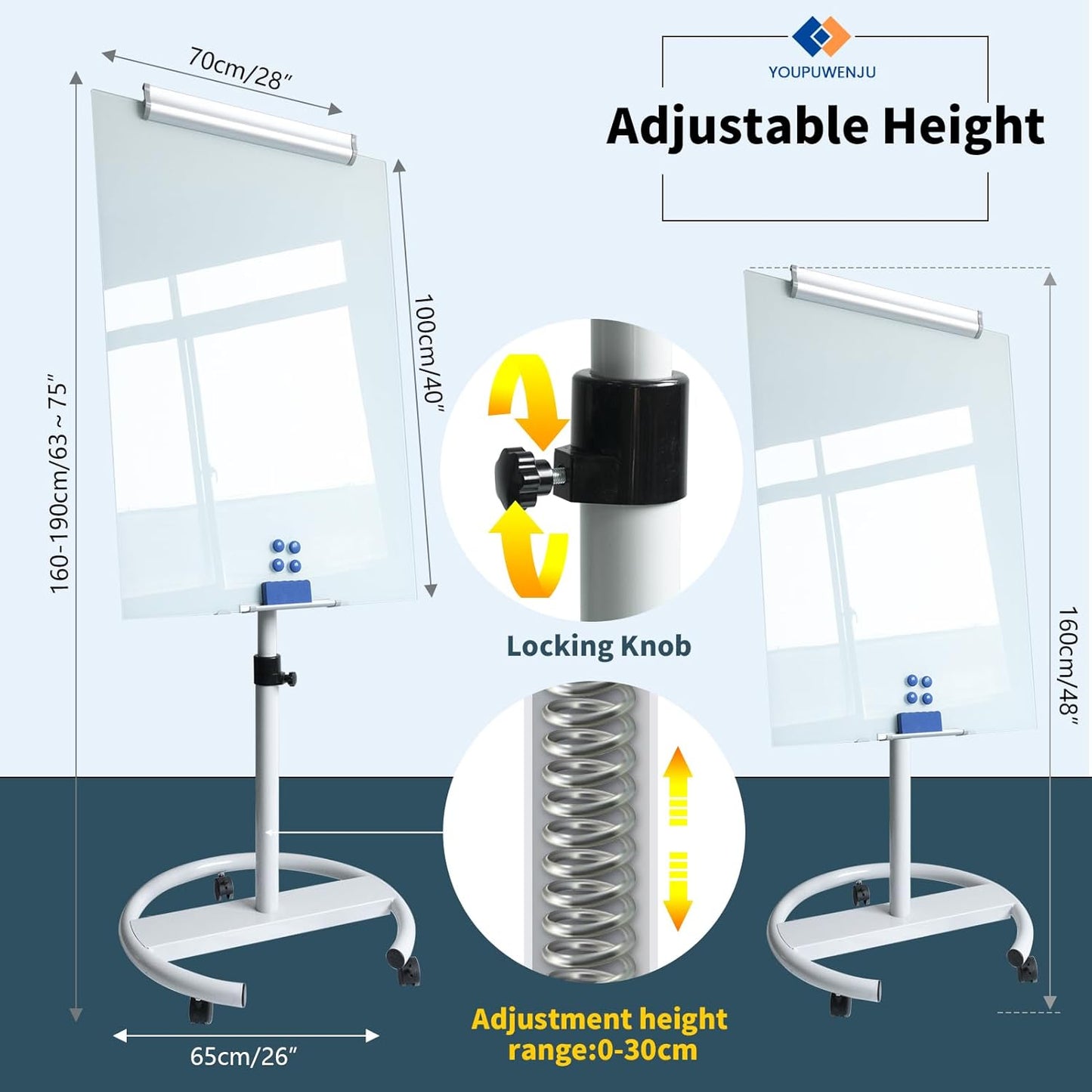 Rolling Writeboard Premium Tempered Magnetic Glass Whiteboard 40"x28" Rolling Dry Erase Board with Tempered Glass Surface Adjustable Height Multi-Use Standing (White)