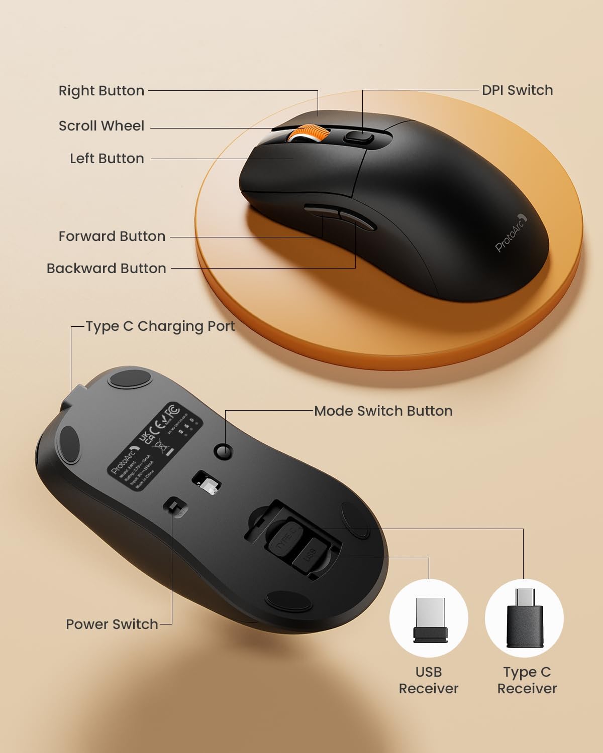 ProtoArc Bluetooth Wireless Mouse, USB C Mouse, EM15 Rechargeable Compact Portable Type C Wireless Mice for Laptop, Tablet, PC, Windows, Mac OS-Black