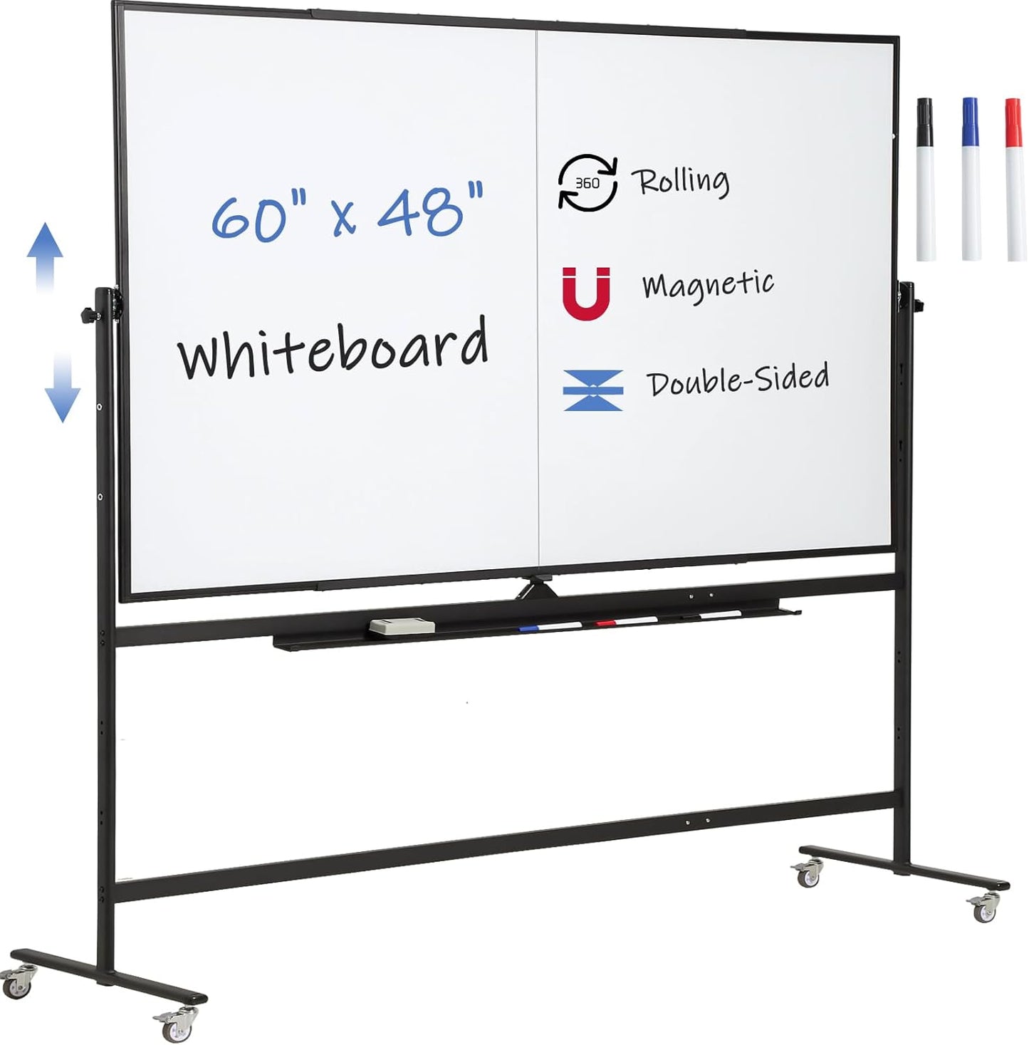 Large Magnetic Mobile Whiteboard 60"x48", Rolling Double Sided Stand Whiteboard on Wheels, Reversible Adjustable Height/Angle Dry Erase Board 5' x 4' Easel White Board for Office Classroom, Black