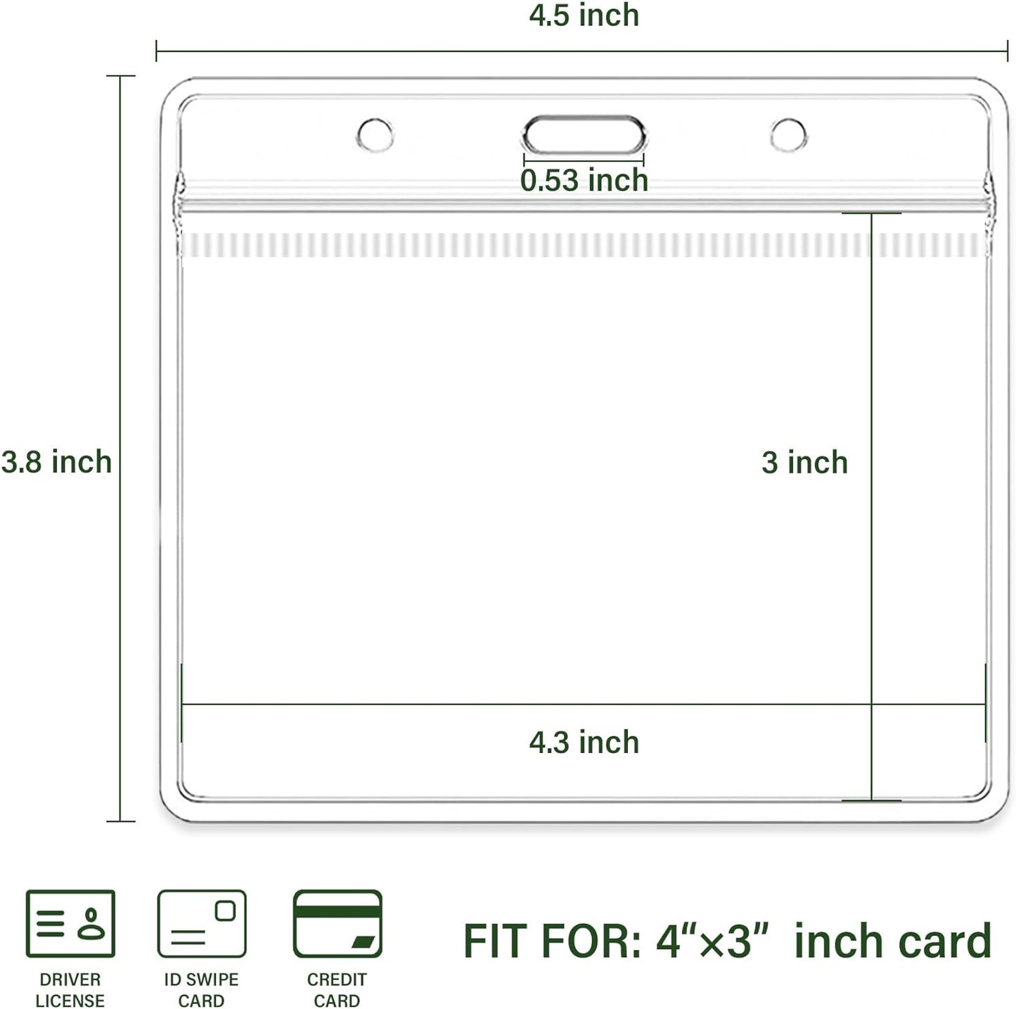 4x3 Inch Horizontal Badge Holder, Clear Plastic ID Card Protector with Waterproof Resealable Zip Type, Badge Sleeve Fits Name Tag Holder/RFID/Proximity/Credit Card (100PCS)