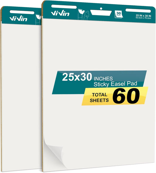 ViVin Super Sticky Easel Pad, 25 x 30 Inches Flip Chart Paper for Teachers, Large Self Stick Easel Paper, Teacher Anchor Chart, 30 Sheets/Pad, 2 Pads/Pack