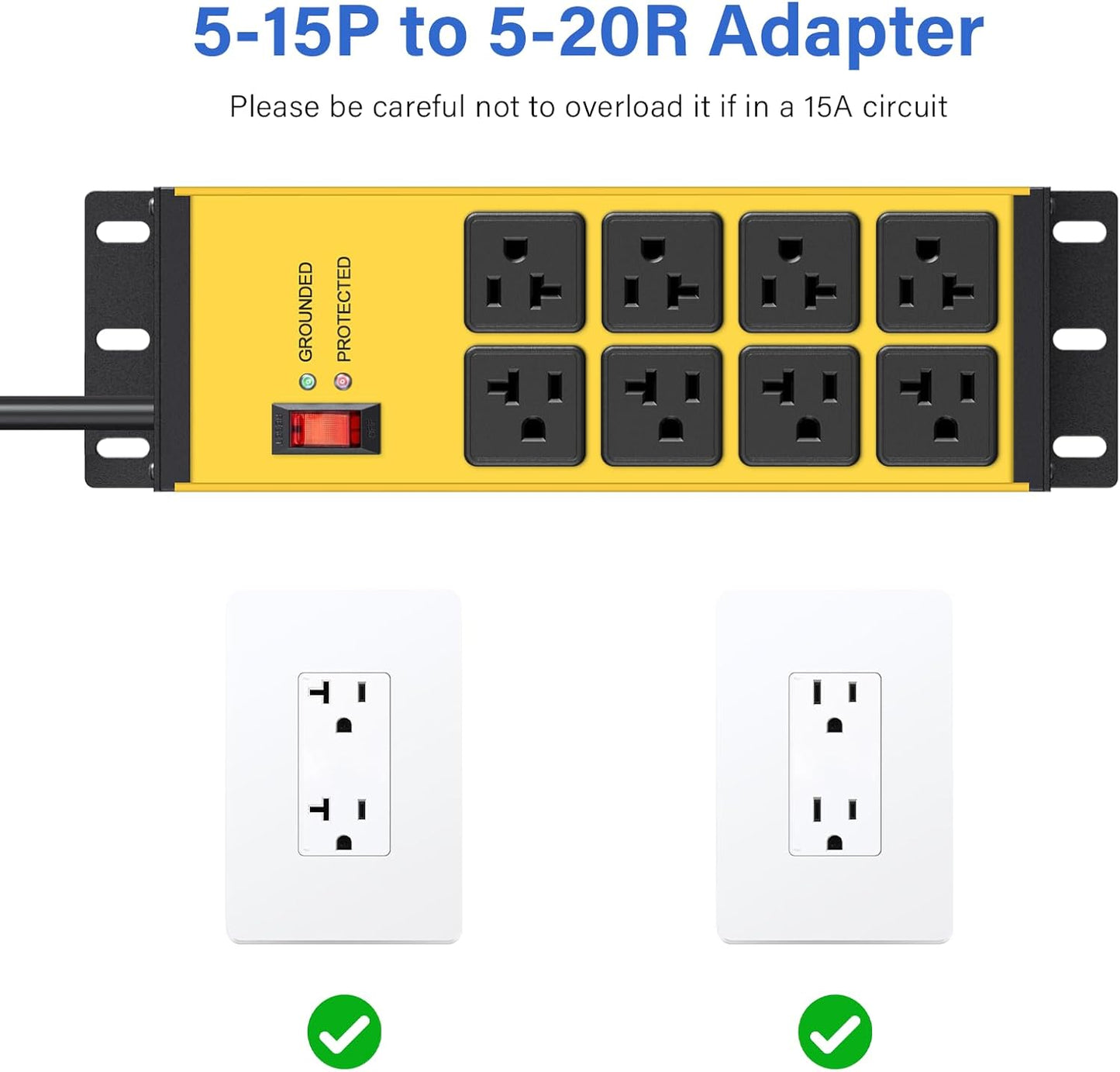 CCCEI Yellow Heavy Duty Power Strip Surge Protector 20 AMP, 8 Outlets 12 Gauge Industrial Shop Garage Metal Multiple Outlets, 15FT Extension Cord 5-15P Adapter High Amp 6-20R T-Slot 20a for Appliance