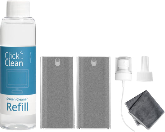 Click Clean Screen Cleaner Kits - 2 All-in-One Mist Cleaner with 4 oz Refill, 1 Microfiber Cloth(7.8 x 7.8in), 1 Mini Funnel, and 1 Sprayer - for All Phones, Laptop and Tablet Screens
