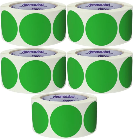 ChromaLabel 2 Inch Circle Sticker Labels, Easy to Write On Round Colored Stickers, Permanent Adhesive Labels - 500 Sticky Dots per Roll, Green Stickers - Case of 5