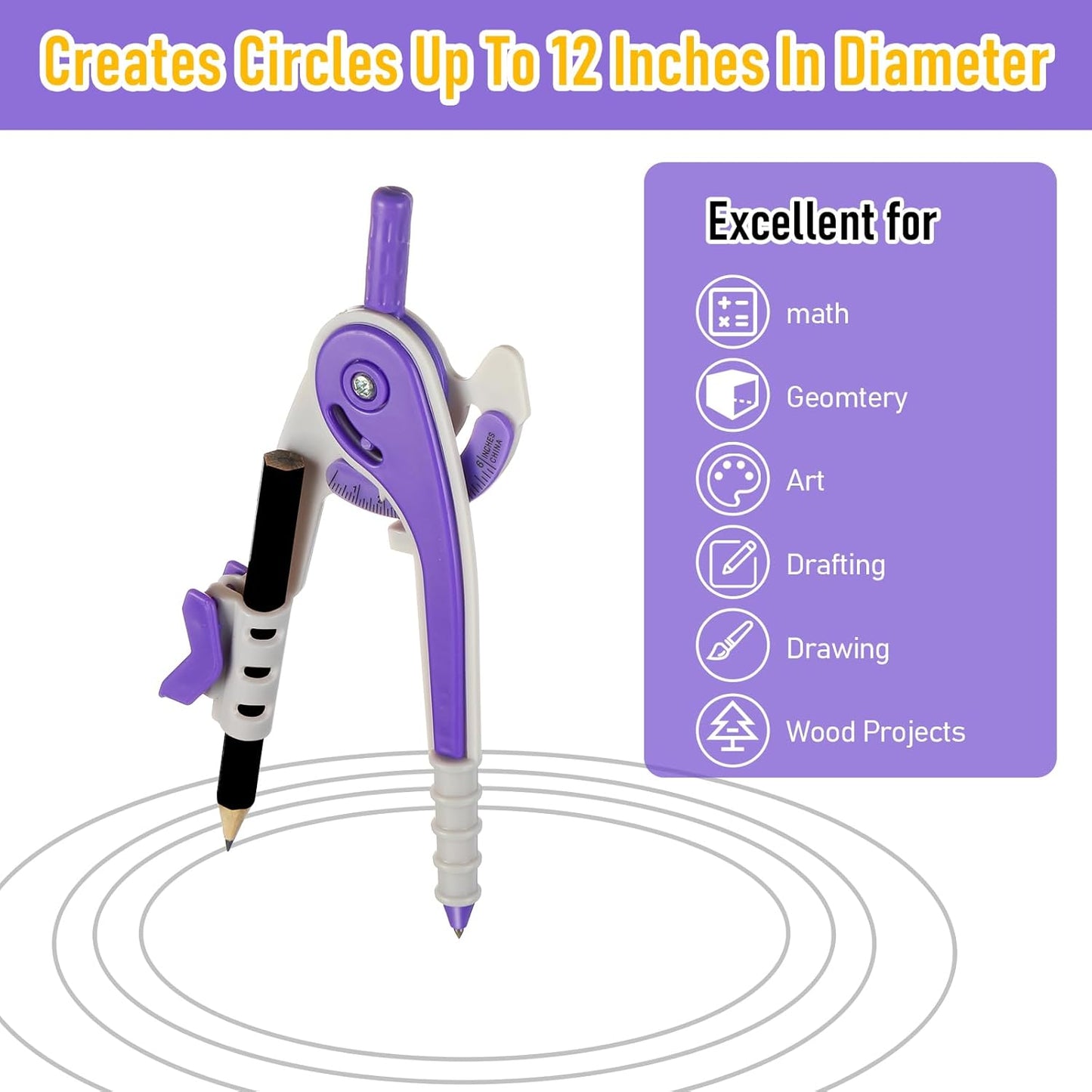 EBOOT Student Geometry Math Set, Drawing Compass and 6 Inch Clear Swing Arm Protractors 180 Degree Math Protractor (Purple)