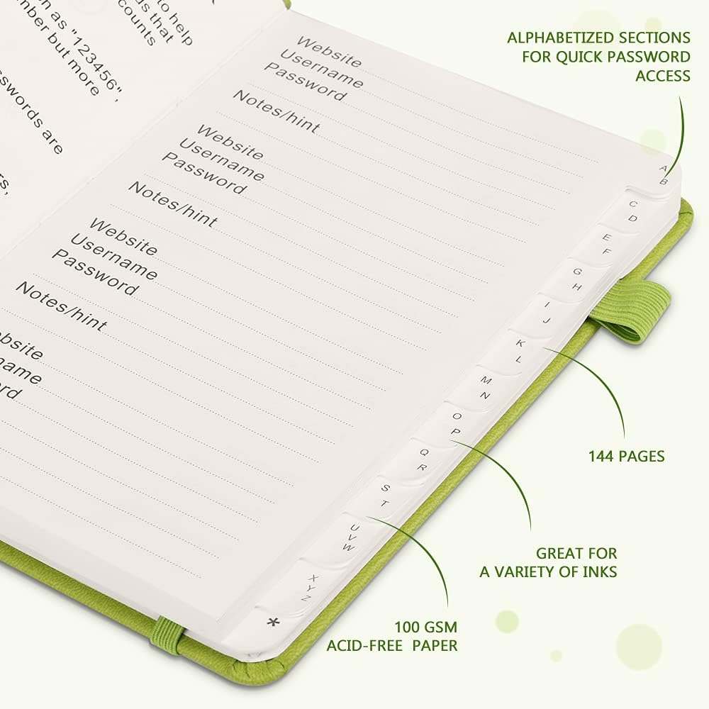 JUBTIC Password Book with Alphabetical Tabs Medium Size Password Keeper Logbook for Internet Log in Website Address Detail. Hardcover Password Notebook Journal & Organizer for Home Office, Green