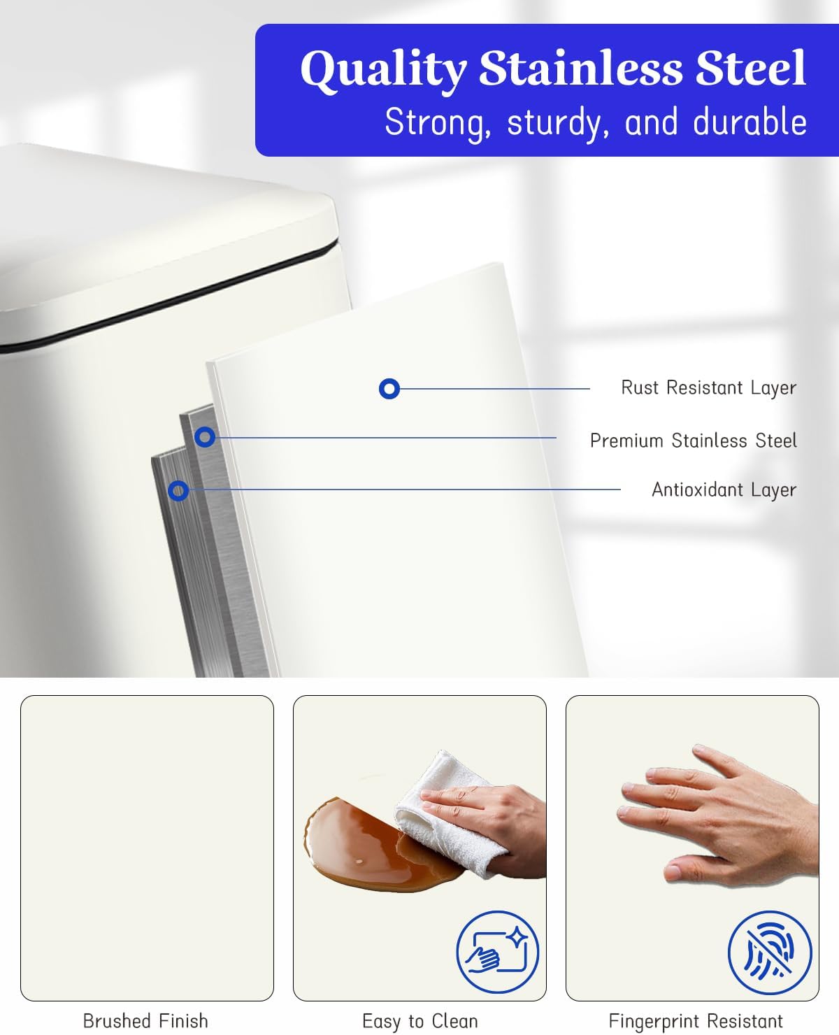 Trash Can with Lid, 10 L Bathroom Waste Bin, Small Pedal Bin, Stainless Steel Garbage Can for Bathroom, Bedroom and Office, White