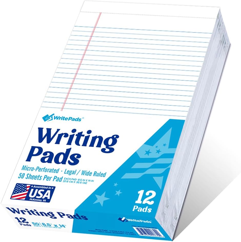 KAISA Legal Pads Note Pads 8.5"x14" Wide Ruled, 50 sheets Perforated Writing Pad, White Pack of 72 Pads, Made In The USA.