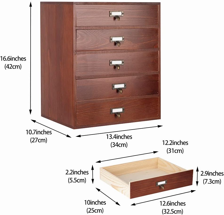Large Wooden Drawer Rustic Desk Organizers and Accessories Wooden Storage Dox with Drawers Paper Storage Drawer Wood File Organizer Library Card Catalog Cabinet Apothecary Cabinet (L-BROWN)