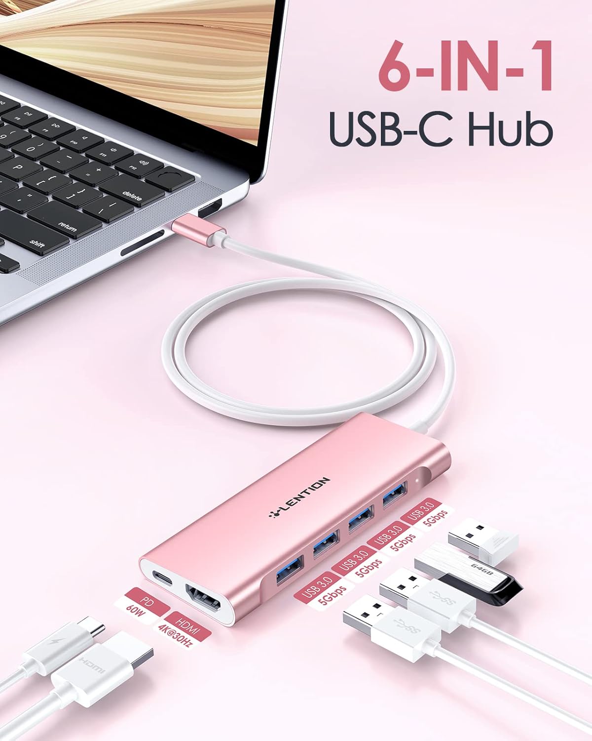 LENTION 3.3FT Long Cable USB C Multiport Hub with 4K HDMI, 4 USB 3.0, Type C Charging Compatible 2023-2016 MacBook Pro, New Mac Air/iMac/Mac Mini, More, Stable Driver Adapter (C35-1M, Rose Gold)