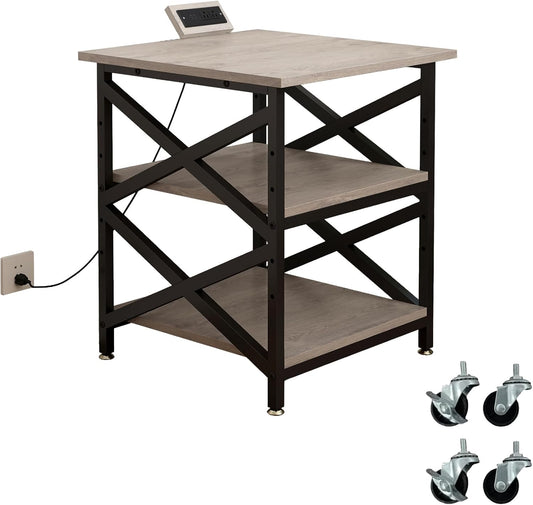 Large Printer Stand with Power Outlet, with Height Adjustable Storage Shelf, 3 Tier Rolling Printer Cart with Industrial Wheels, 23.6 x 23.6 Inches Printer Table for Home Office, Greige