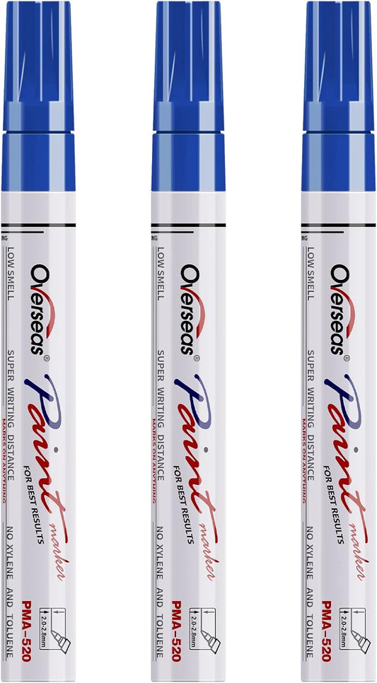 Overseas Permanent Paint Markers Pens - 3 Pack Blue Oil Based Paint Pens, Medium Tip, Quick Drying and Waterproof Marker Pen for Metal, Rock, Wood, Fabric, Plastic, Canvas, Mugs, Stone, Glass