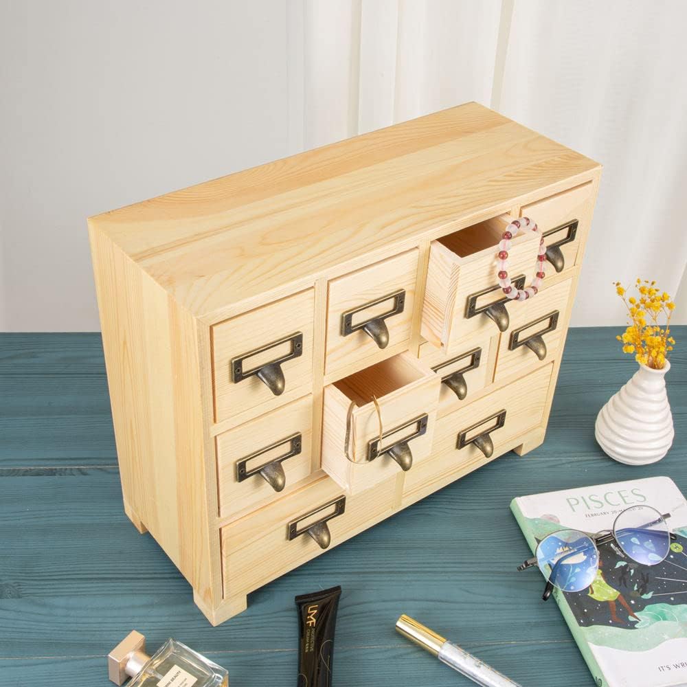 Apothecary Cabinet with 10 Drawers & Labels Rustic Library Card Catalog Cabinet Desktop Wooden Storage Box for Organize Herbal、Tea Bag、Jewelry (Wood)