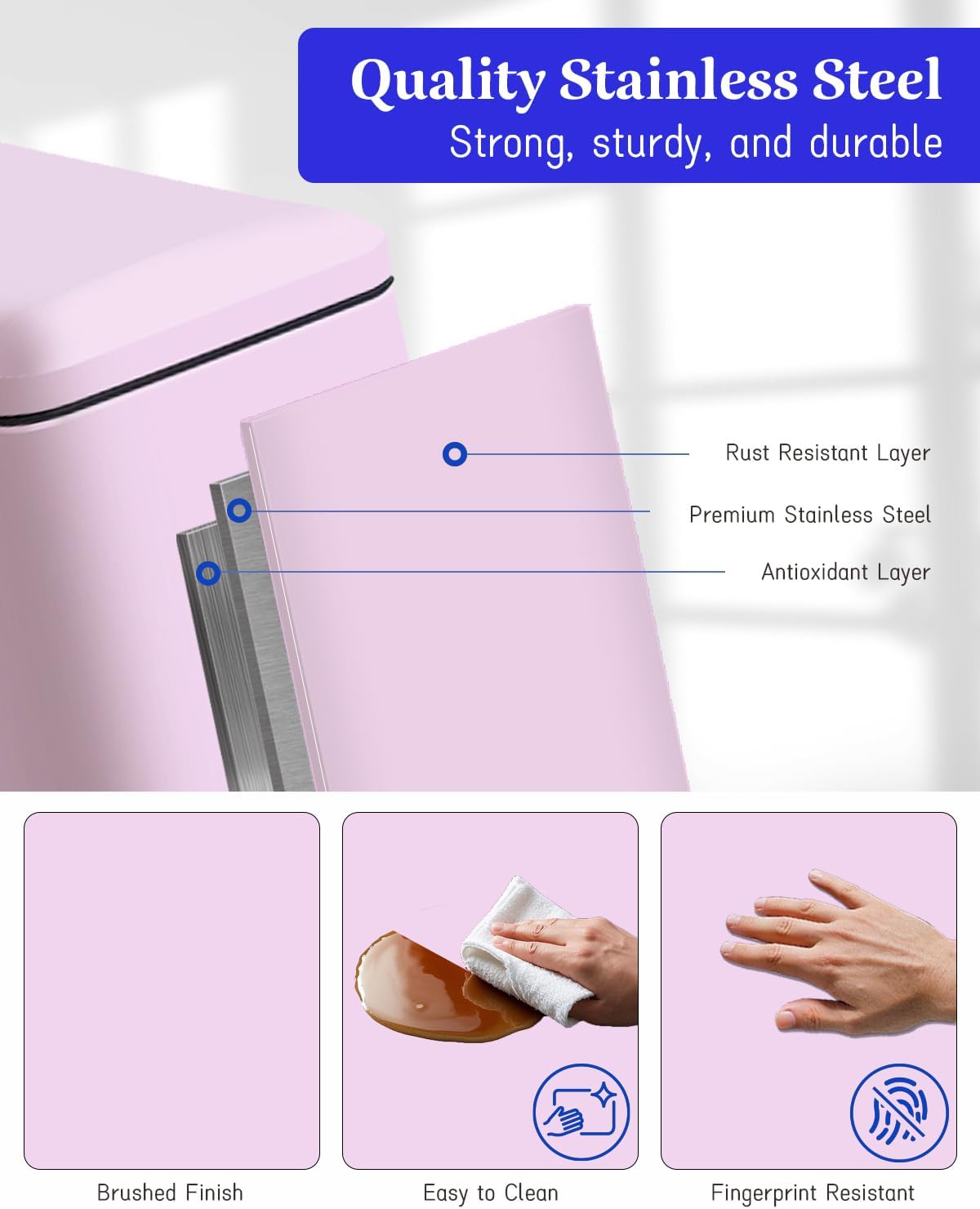 JM.YIPENG 17L Rubbish Bin, Pedal Bin with Lid and Foot Pedal with Inner Bucket, Rectangular Pedal Bin for Living Room, Office, Pink