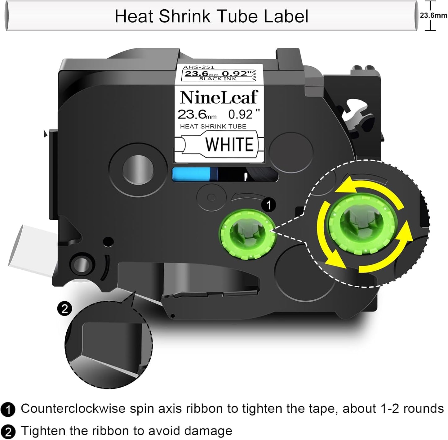 NineLeaf 2 Pack Compatible Label Tape Replacement for Brother P-Touch Black on White 23.6mm 0.92'' HSe-251 HSe251 HS-251 HS251 Heat Shrink Tubes Work for Ptouch PT-D800W D600 P710BT P750W P900W