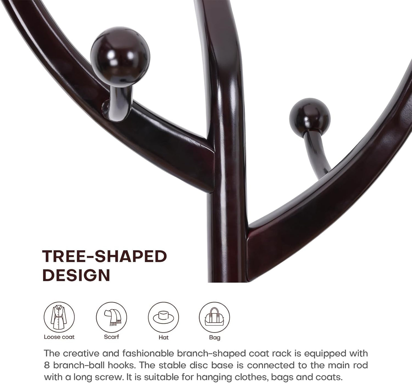 Coat Rack Tree Freestanding with Hooks, Heavy Duty Standing Wood Coat Rack with Solid Round Base, 74” Tree Shaped Coat Hanger Stand for Clothes, Hat, Jacket, Entryway Bedroom, Red Brown