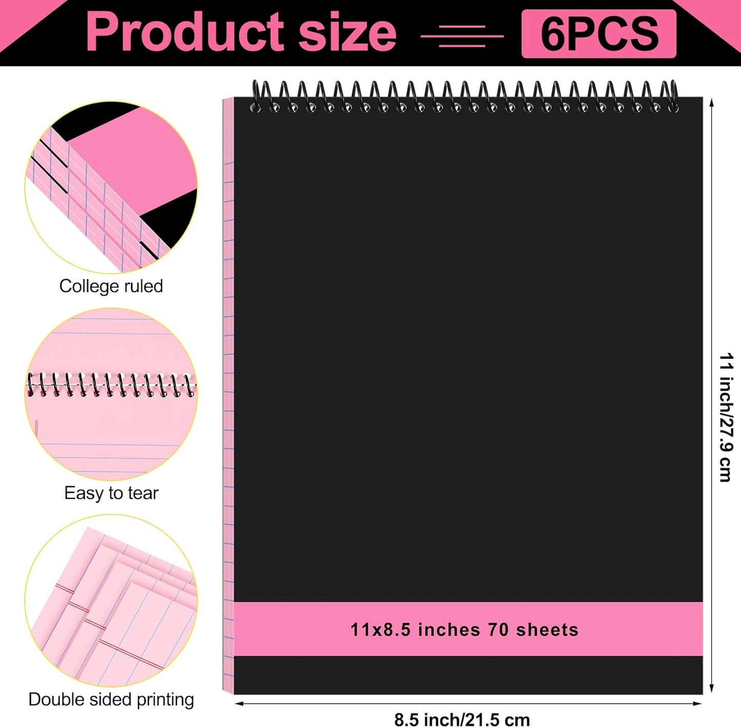 6 Pcs Legal Pad Top Spiral Bound Notebook 70 Sheets Wirebound Notepad Double Sided Ruled Memo Steno Pad with Stiff Back Cover for Business(8.5 x 11 Inches,No Holes,Pink)