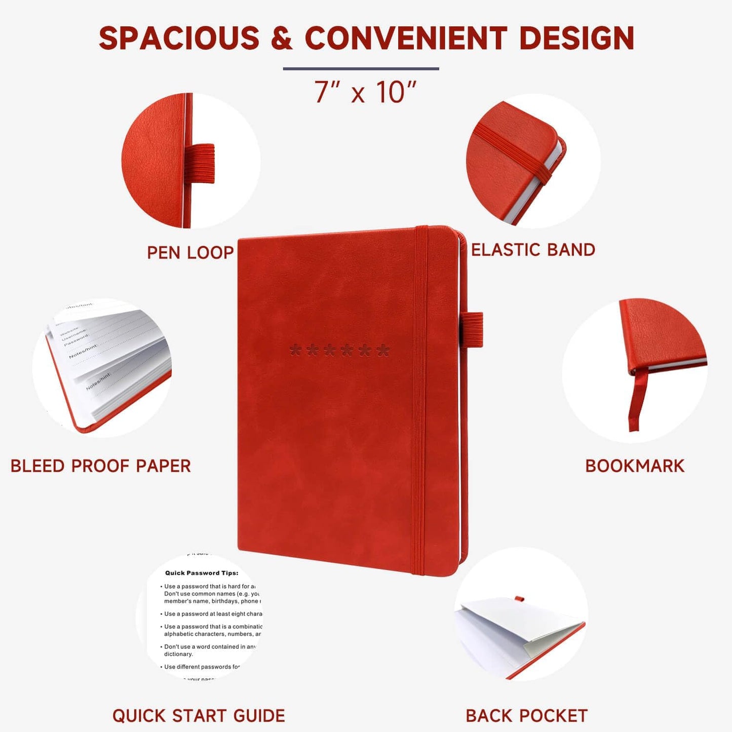Password Book with Alphabetical Tabs – Hardcover Internet Address & Password Organizer – Password Keeper Notebook for Computer & Website – 7x 10" Log-in Password Journal w/Thick Paper (Red)