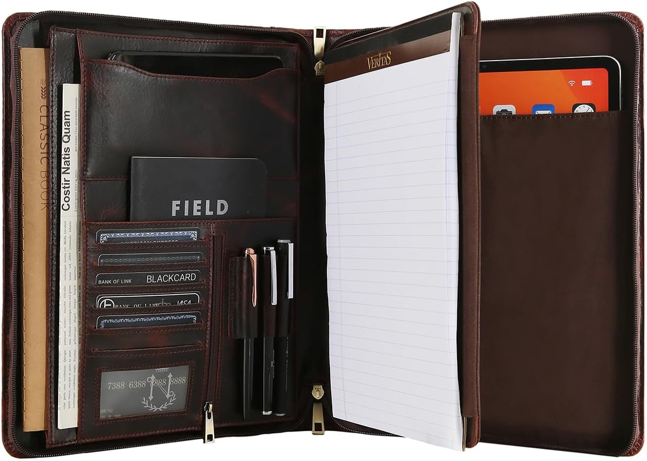 Handmade Genuine Leather Portfolio Organizer for IPad/Document, Business Padfolio with A4 Leather Notepad Holder, Leather Compact Folder Conference Portfolio for Men and Women, Red Brown